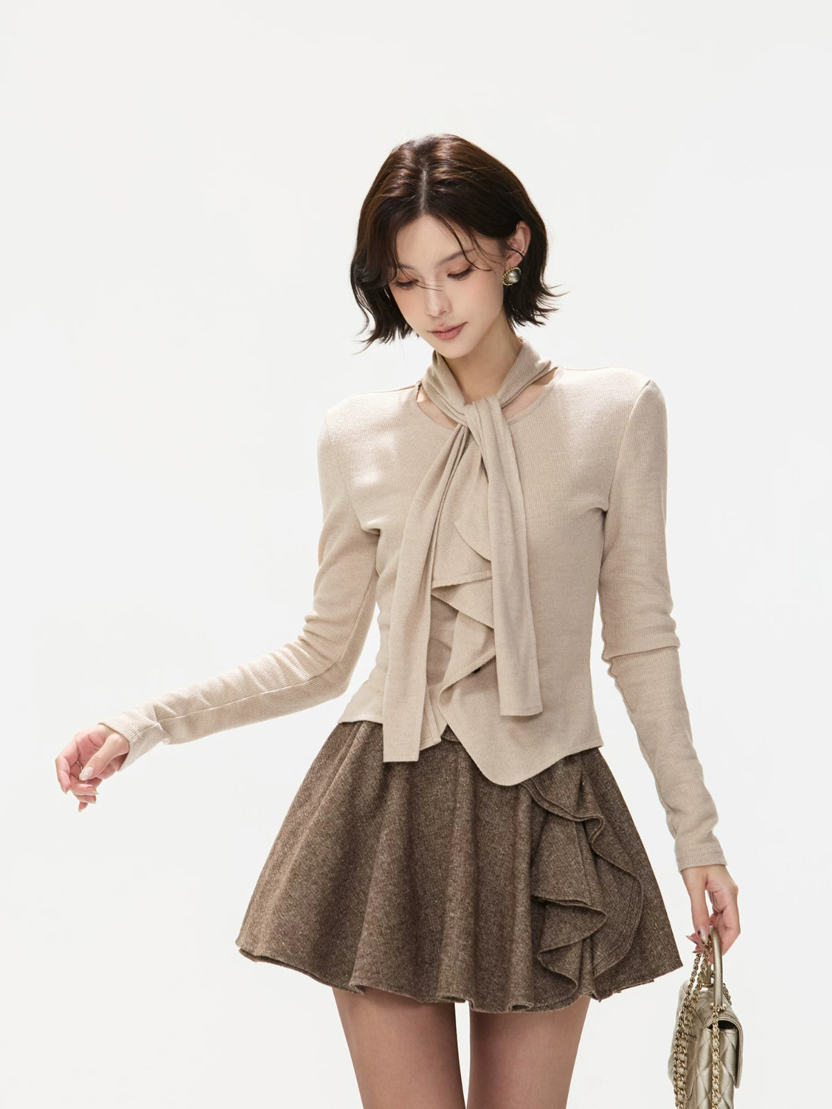 Textured Wool Blend Ruffle Mini Skirt