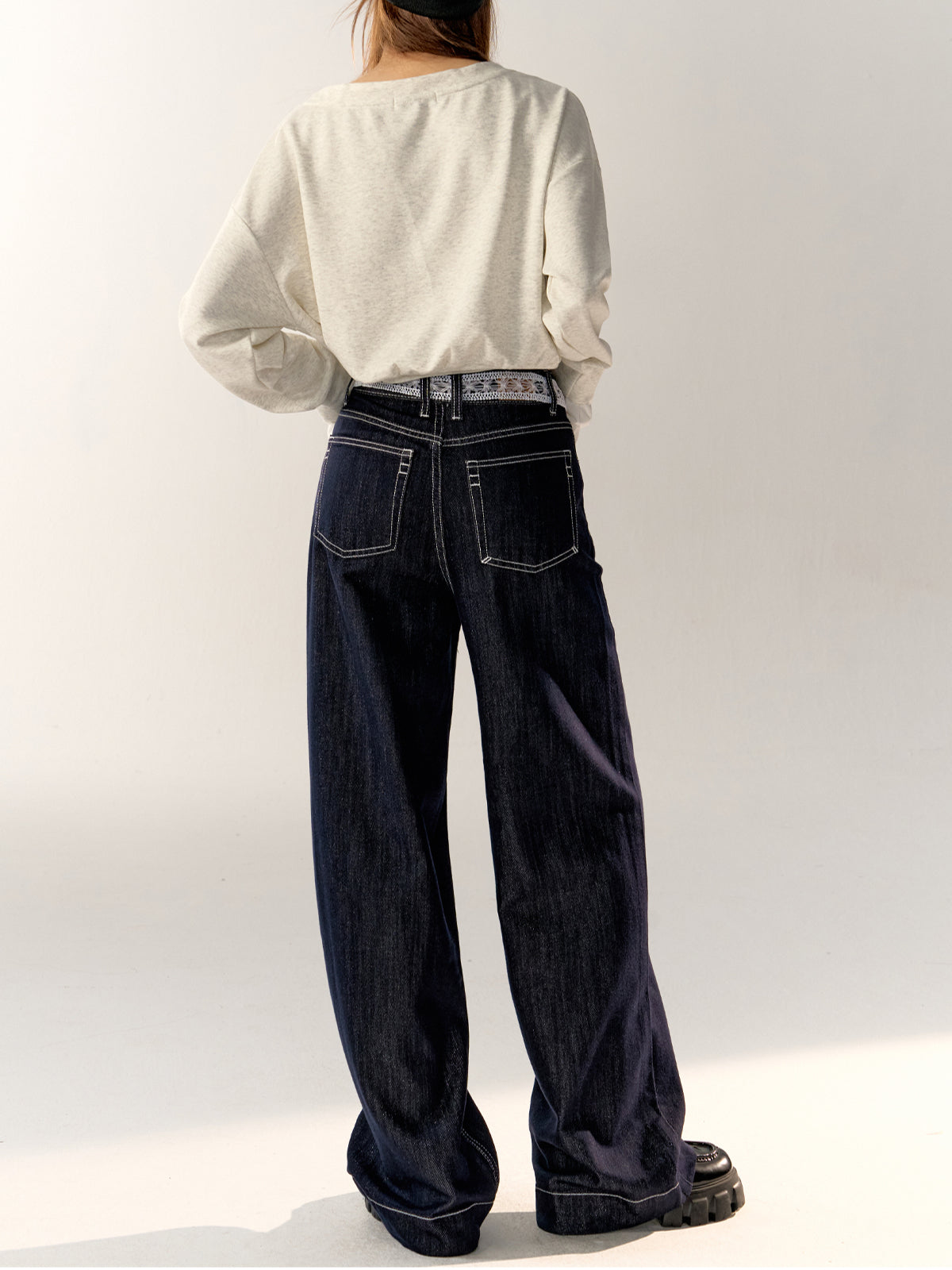 Dark Blue High-waist Wide-leg Pants