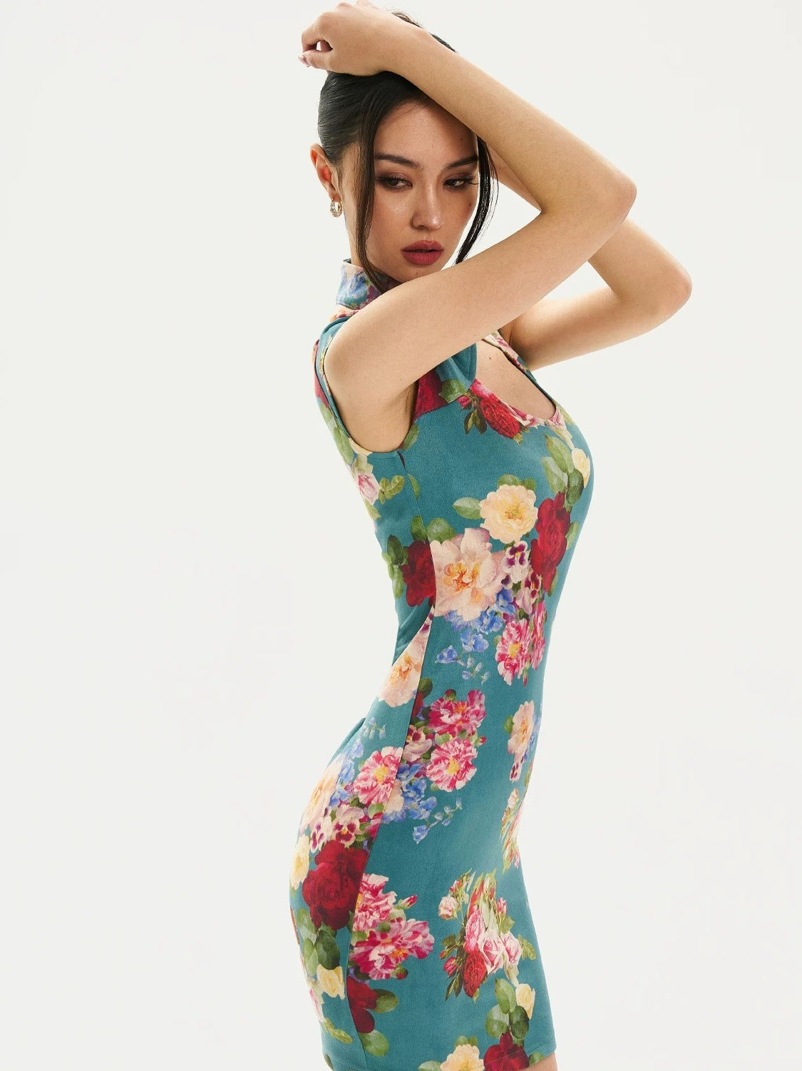 Floral Velvet Mandarin Collar Qipao Dress