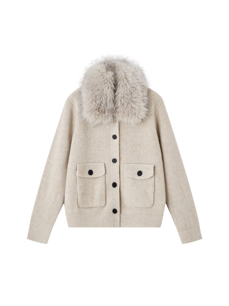 Detachable Fur Collar Ribbed Cardigan