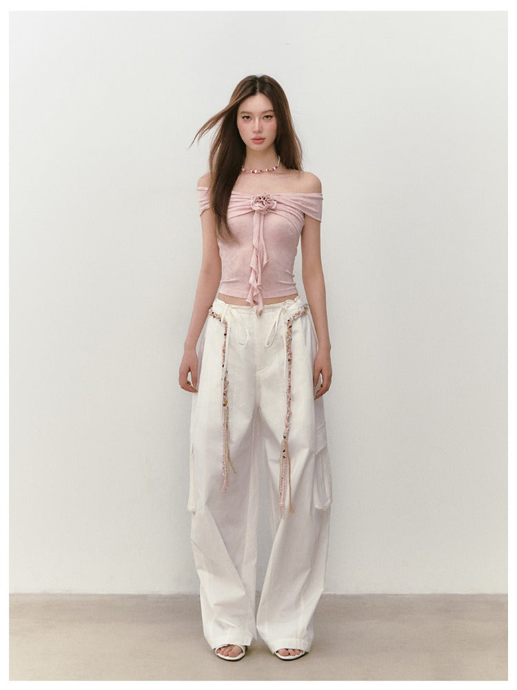 Wide-Leg Beaded Cargo Large Pockets Pants