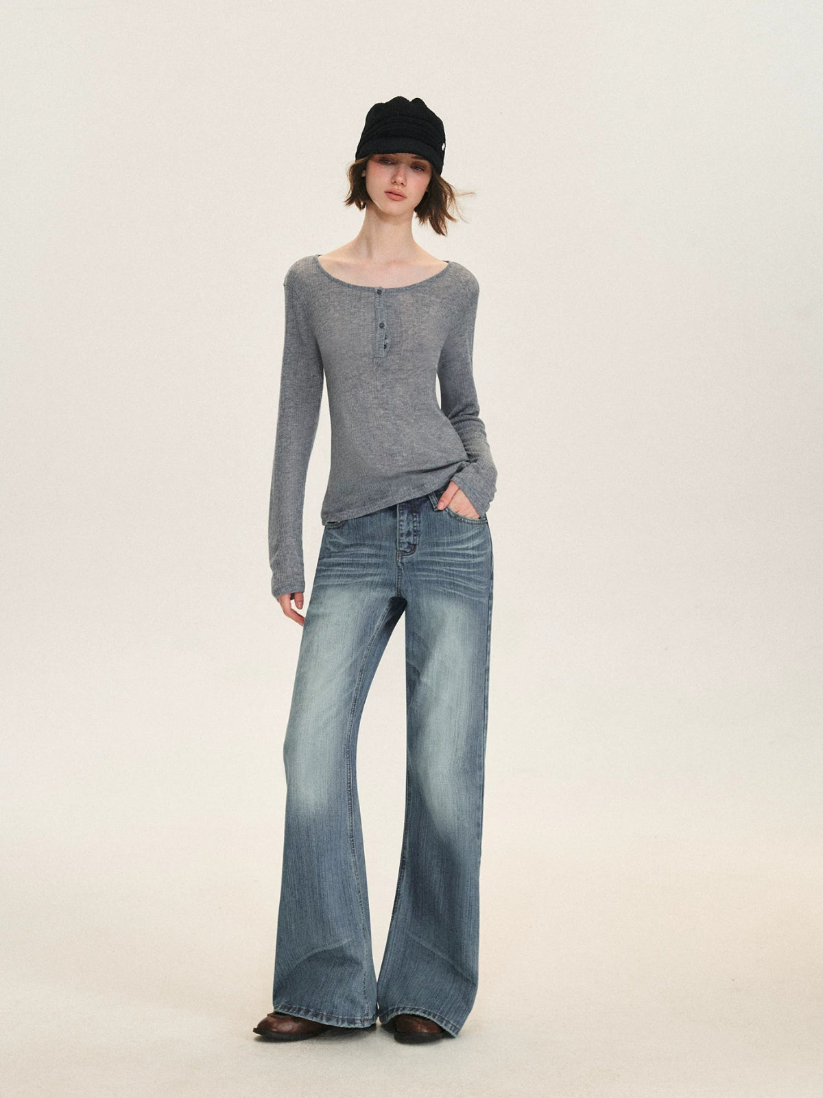 Ribbed Henley Long Sleeve Top