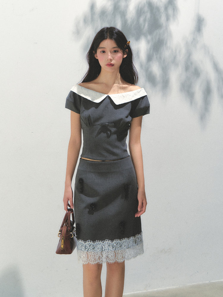 Dark Gray Princess Sleeve Top & skirt set