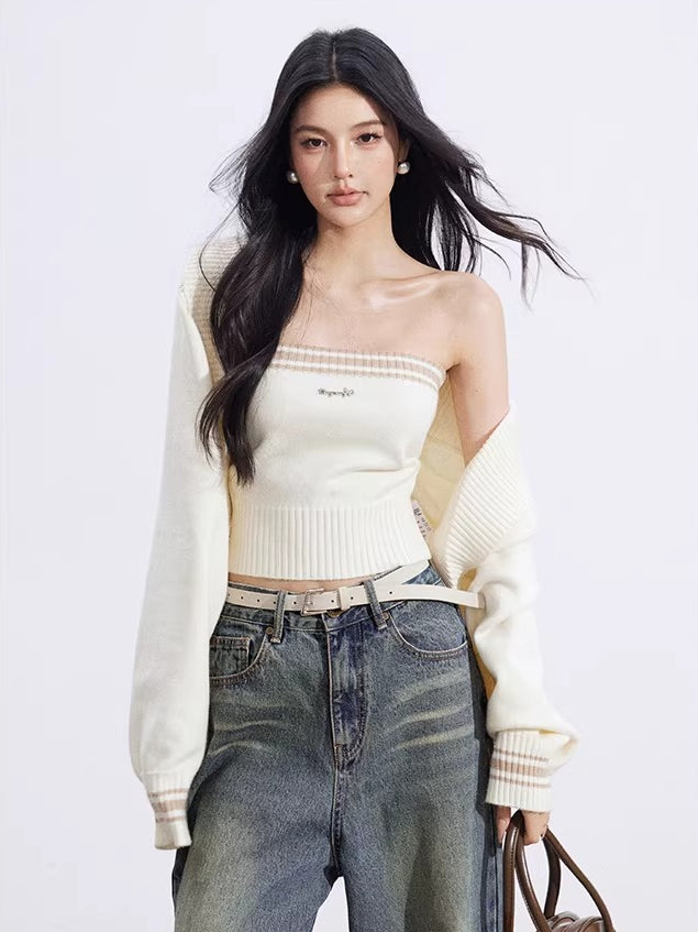 Gray & Beige Color-Block Cardigan Set