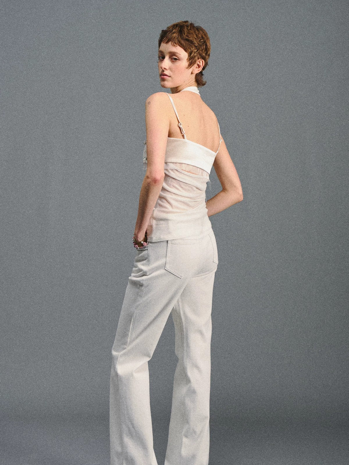 White Beaded Halter Cami Top