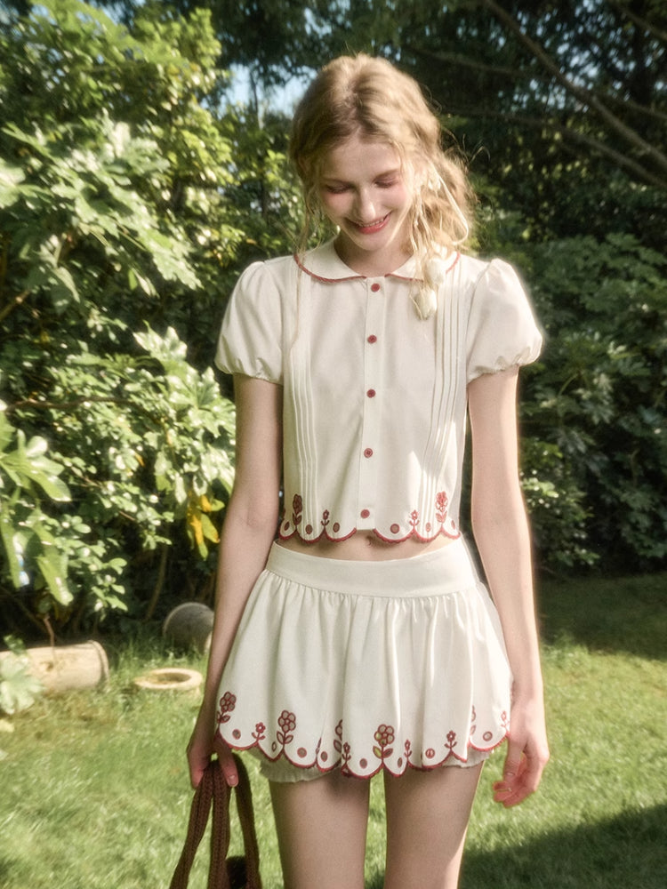 Lace Embroidery Airy Shirt & Skirt Set