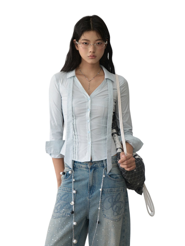 Contrast-colored Collared Waist-cinched Shirt