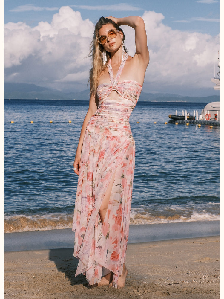 Floral-print Floral Ribbon Neckline Hollow-out Dress