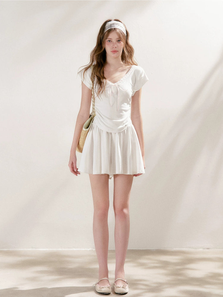 Lace-Trim Tie-Front T-Shirt & Skort Set