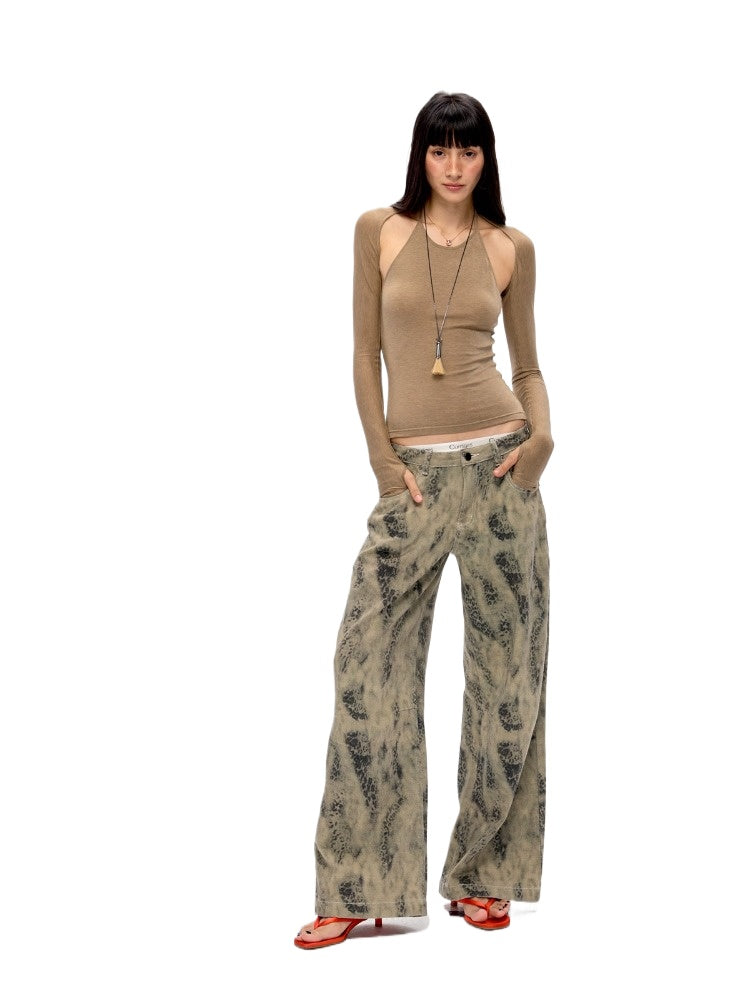 Leopard Print Straight Leg Grey Jeans