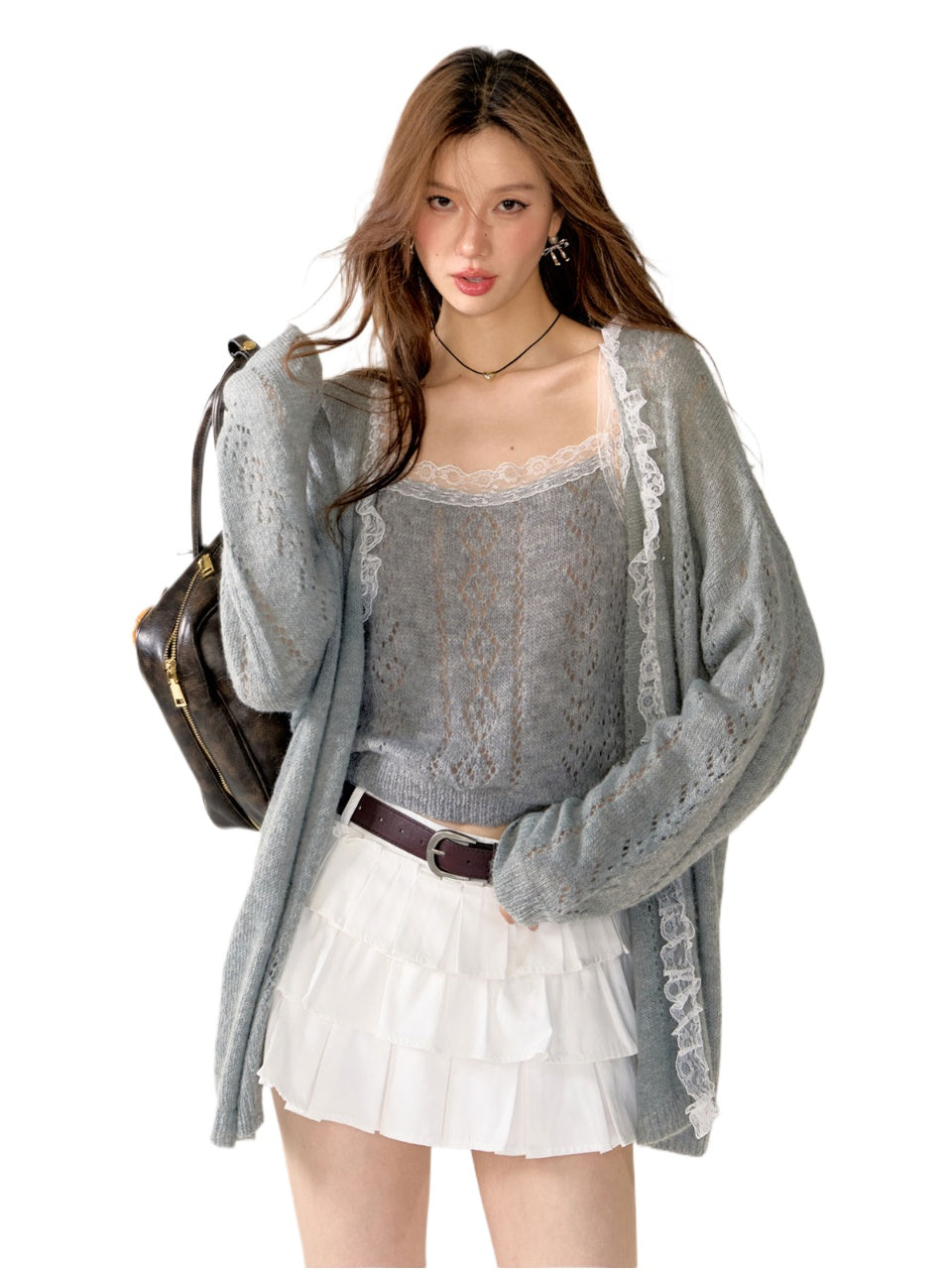 Gray & Purple Lace Trim Cardigan