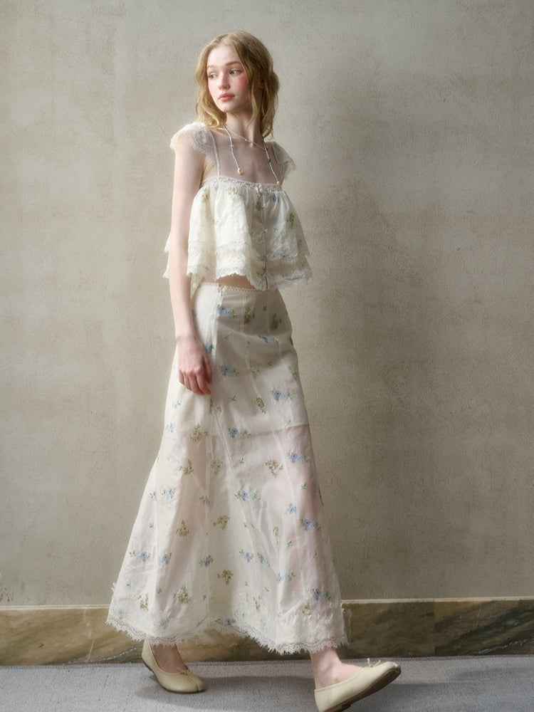 Lace Embroidery Flower French - Style Shirt & Skirt Set
