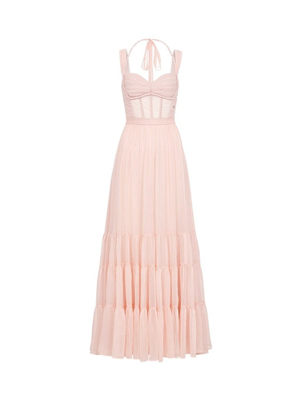 Tia Beaded Crochet Pleated Mesh Halter Dress