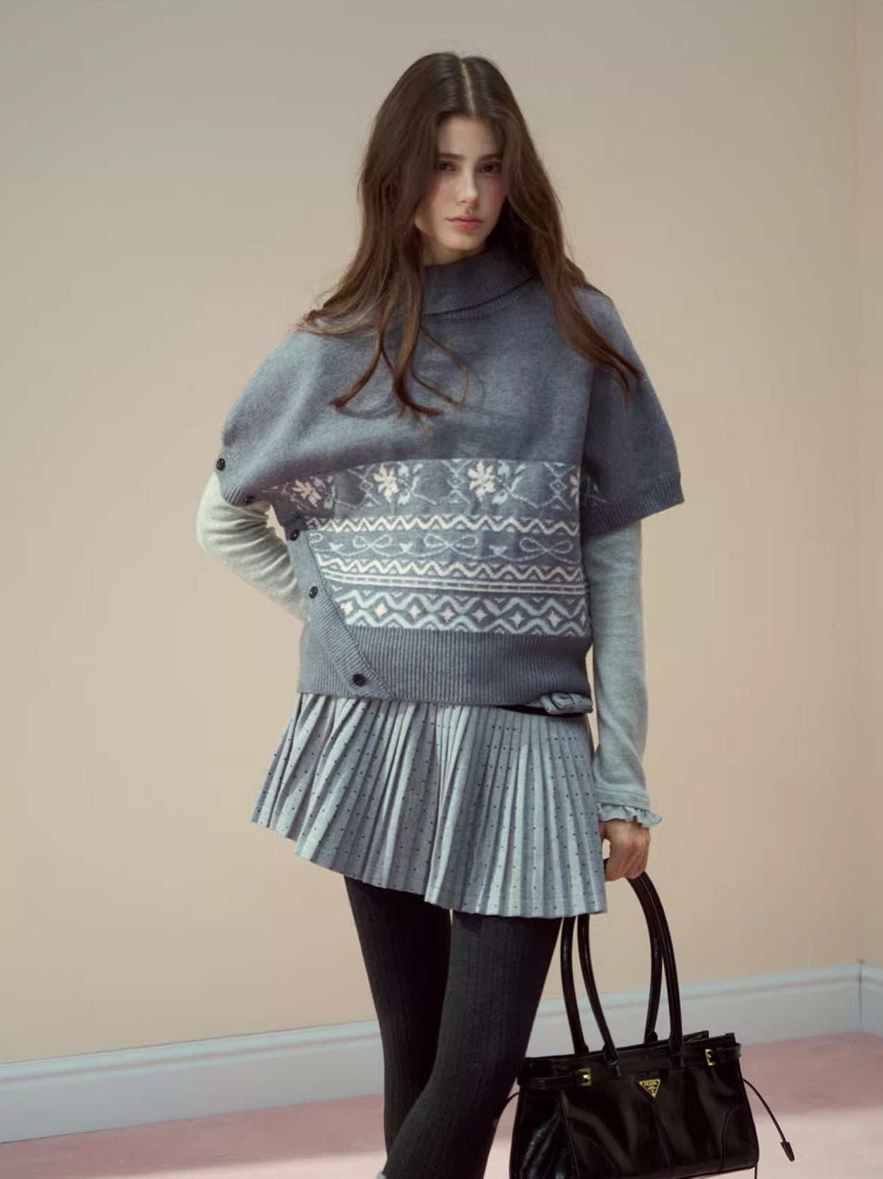 Beige & Gray Fair-Isle Cape Sweater