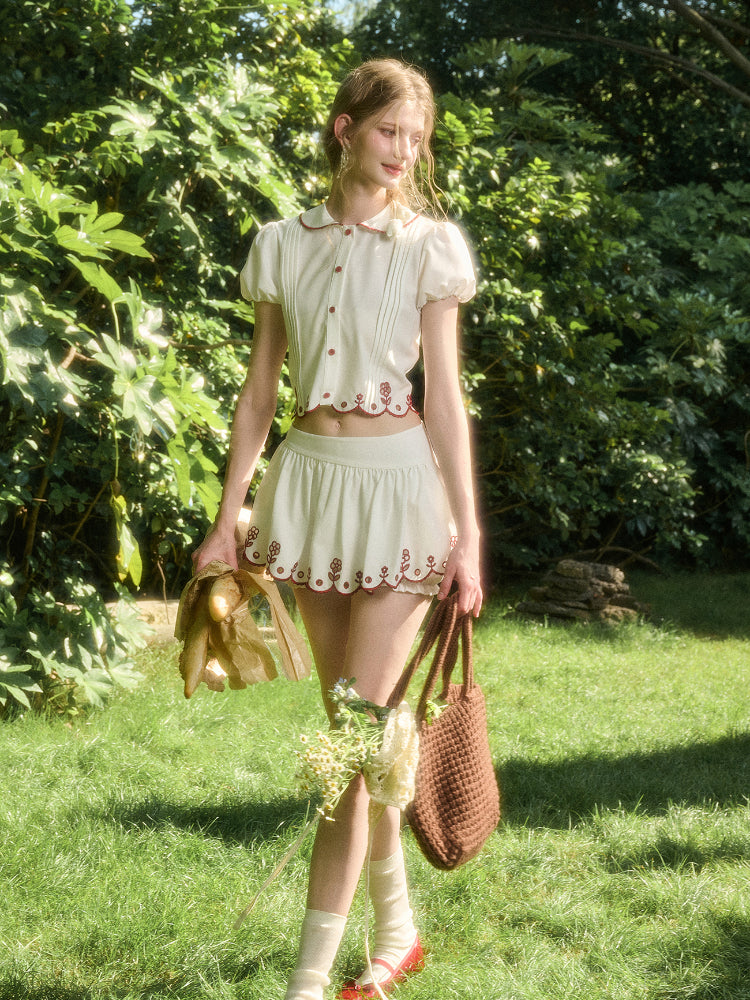 Lace Embroidery Airy Shirt & Skirt Set