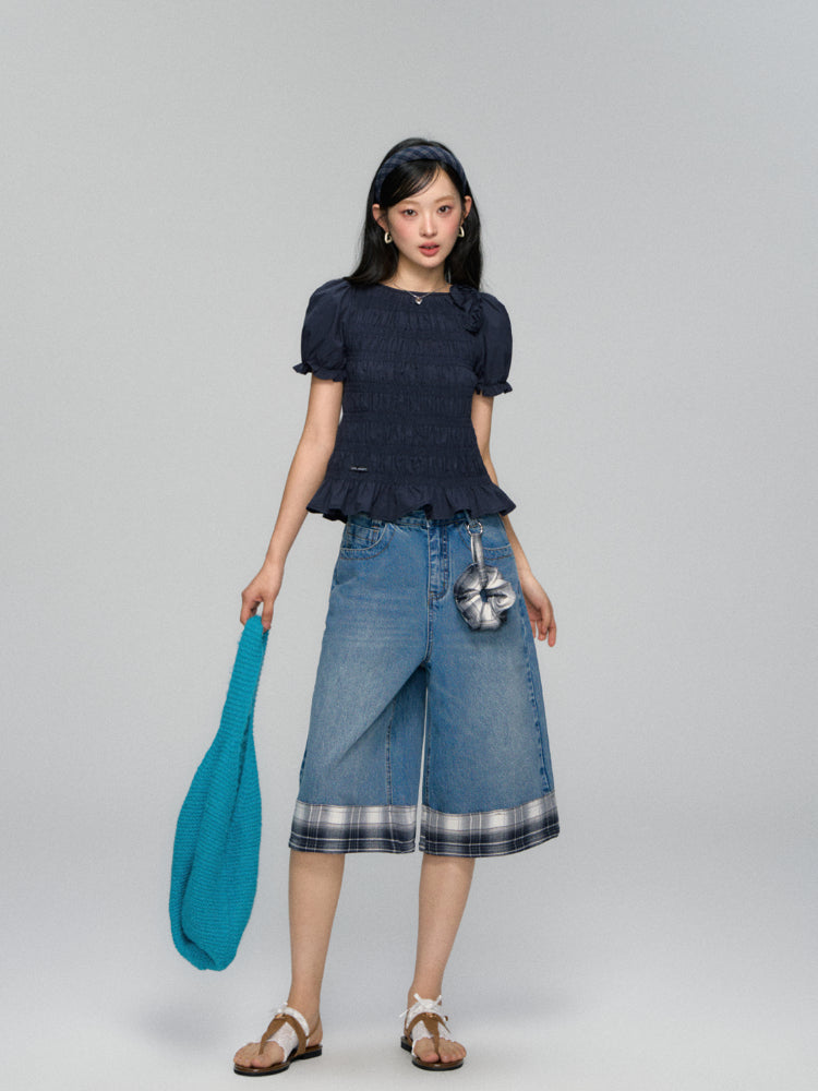 Checkered Patchwork Color-Blocking Wide-Leg Pants Set