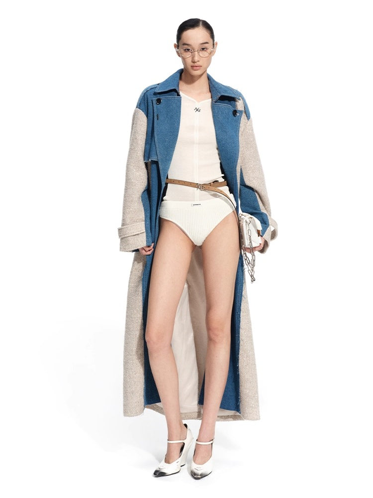 “Caracal Series” Washed Twill Patchwork Wool Denim Trench Coat