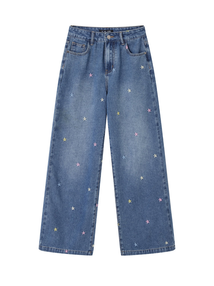 Embroidered High-Waisted Wide-Leg Pants