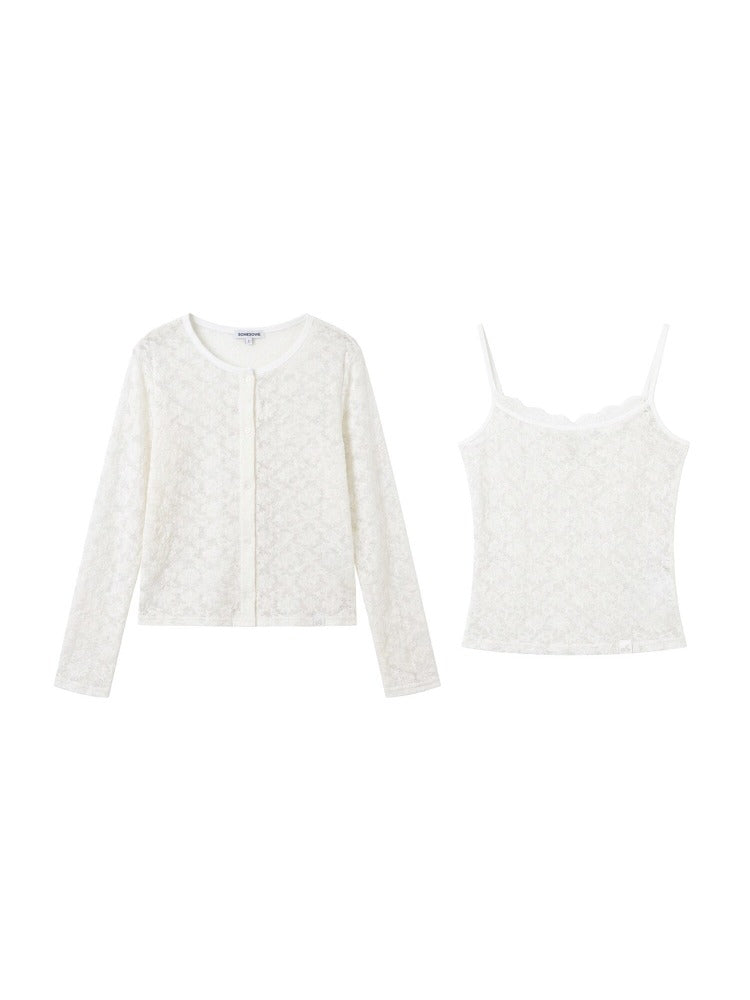 Lace Trim Stripe Cardigan Set