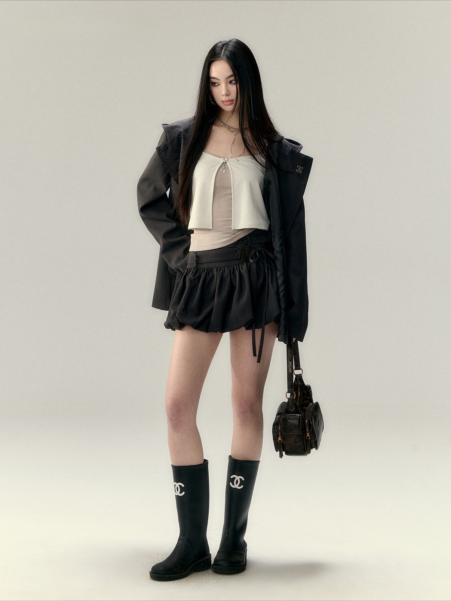 Hooded Waist Cinching Double-Breasted Blazer