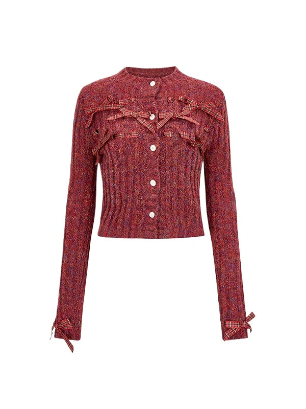 Bowknot Knit Cardigan & Hat & Scarf Set