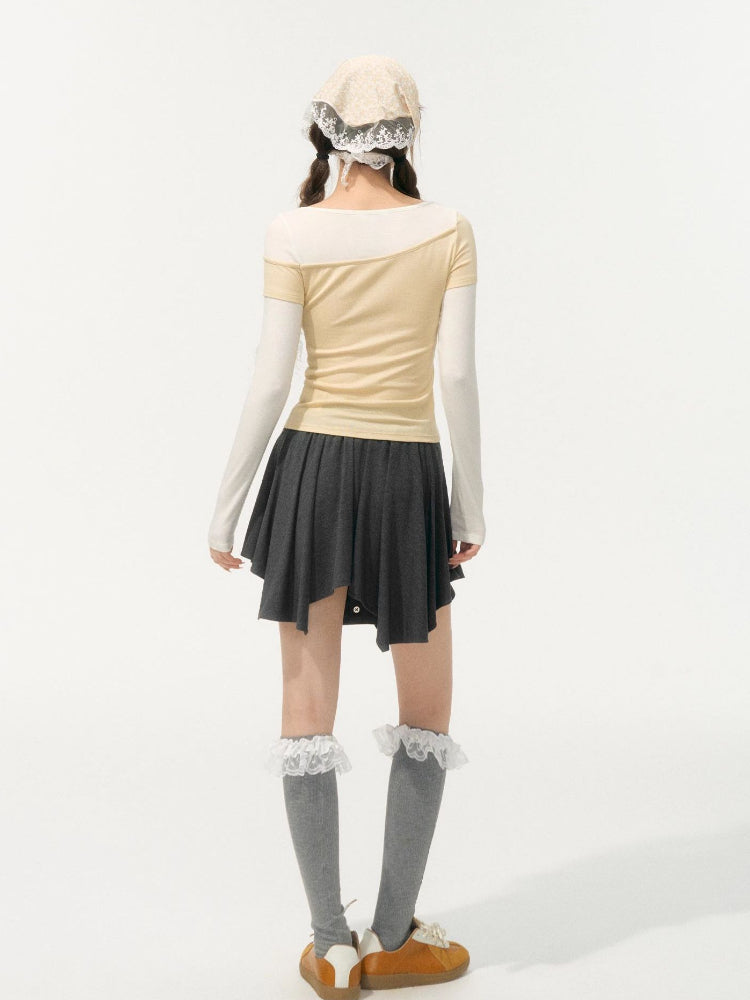 Irregular Fake Two-Piece Color-Block Knit T-shirt