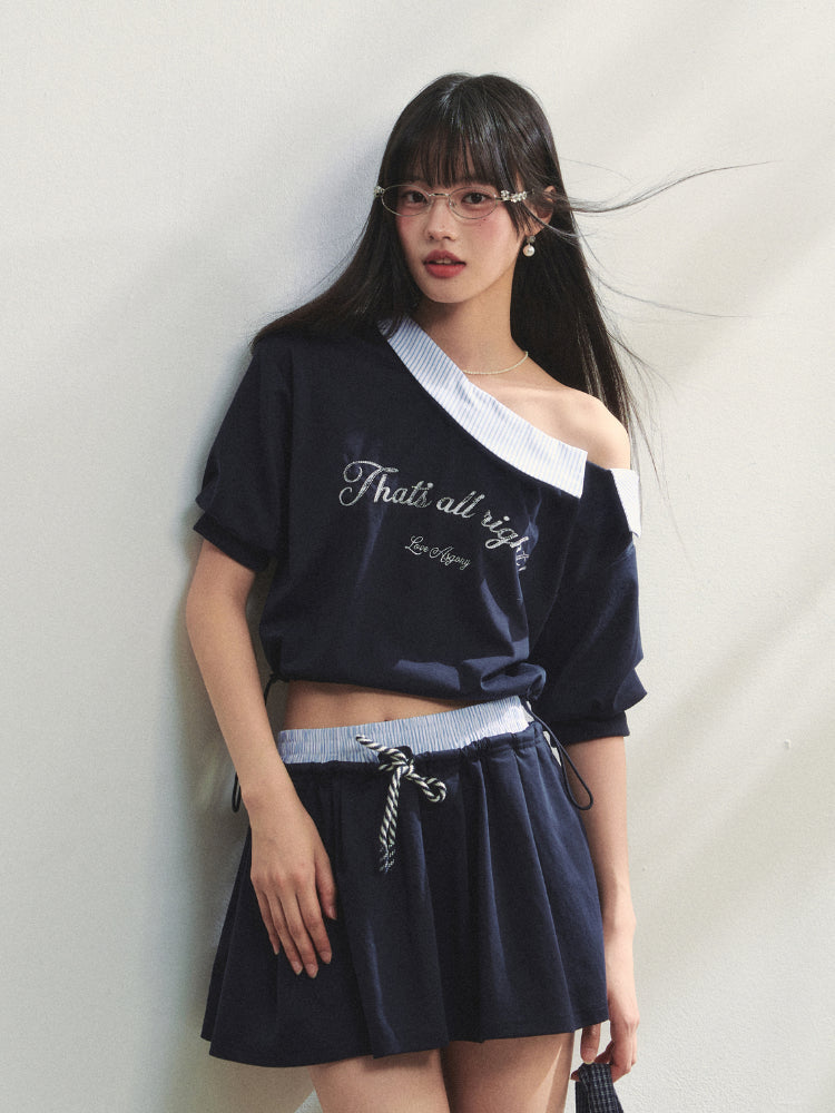 Grey Asymmetric Shoulder Striped Patchwork Short-Sleeve & Skirt Set