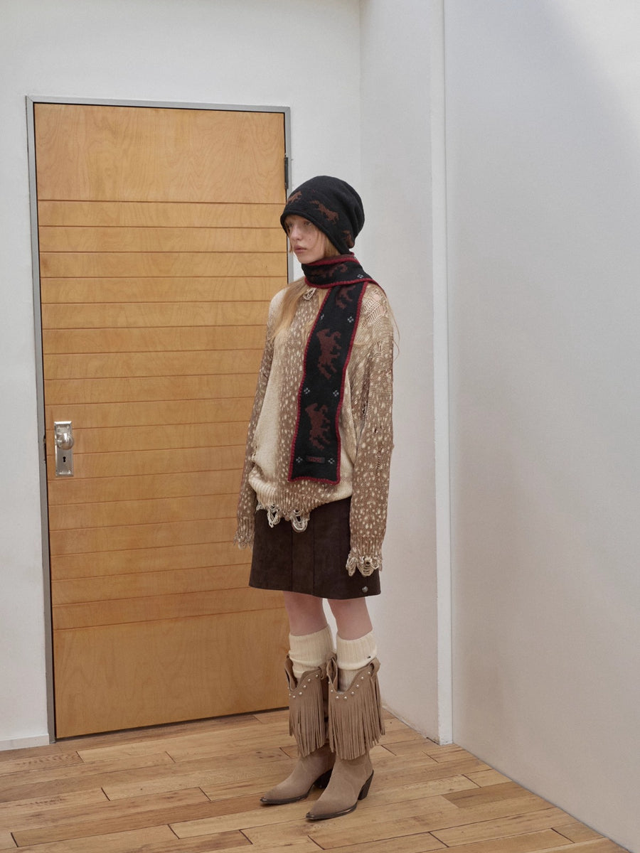 Vintage Deer Print Distressed Knit Sweater