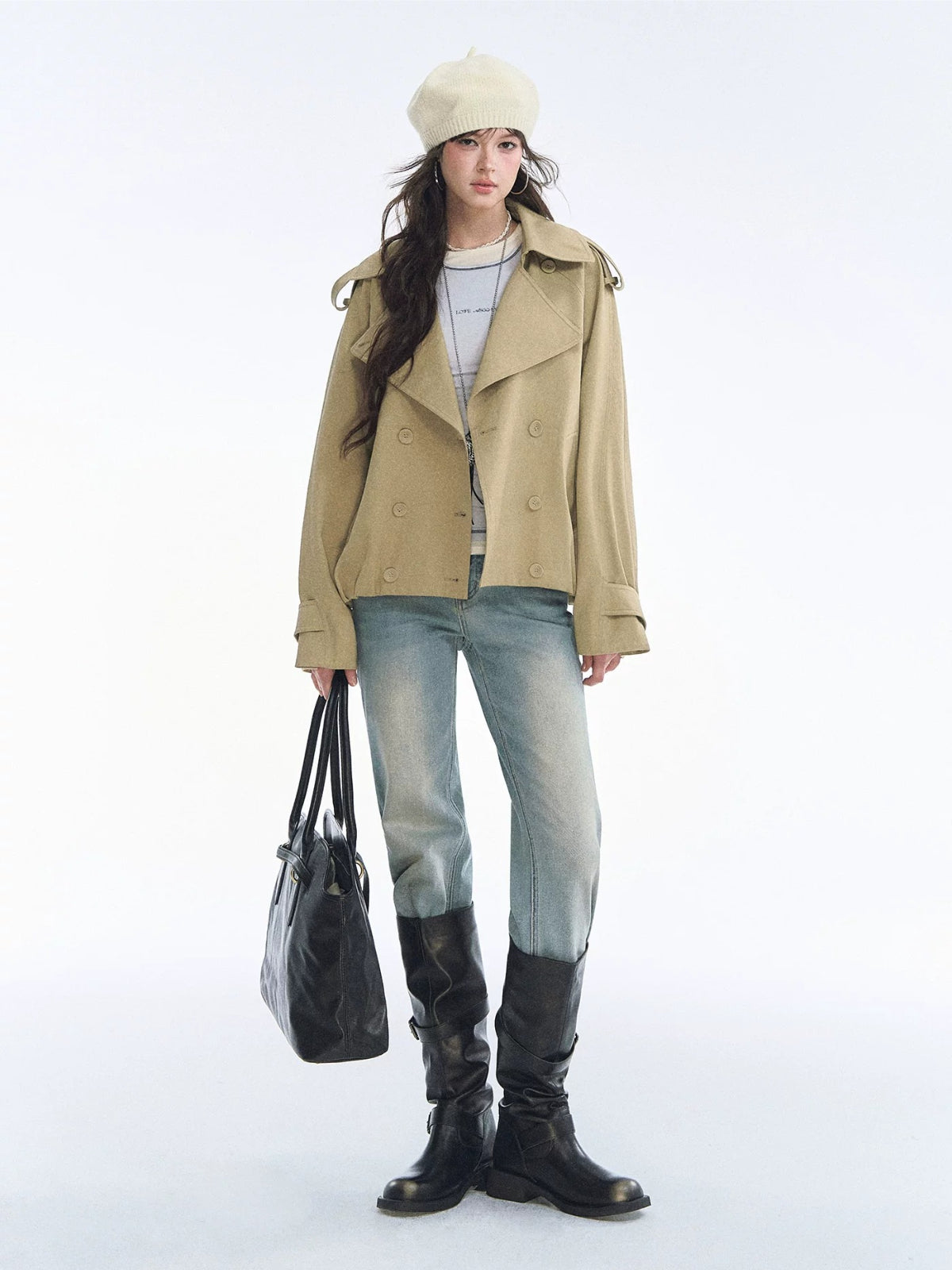Vintage Solid Cropped Trench Coat