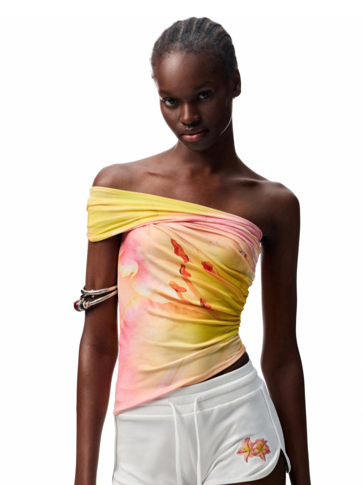 Slanted Shoulder Wrinkle-Printed Floral Vest