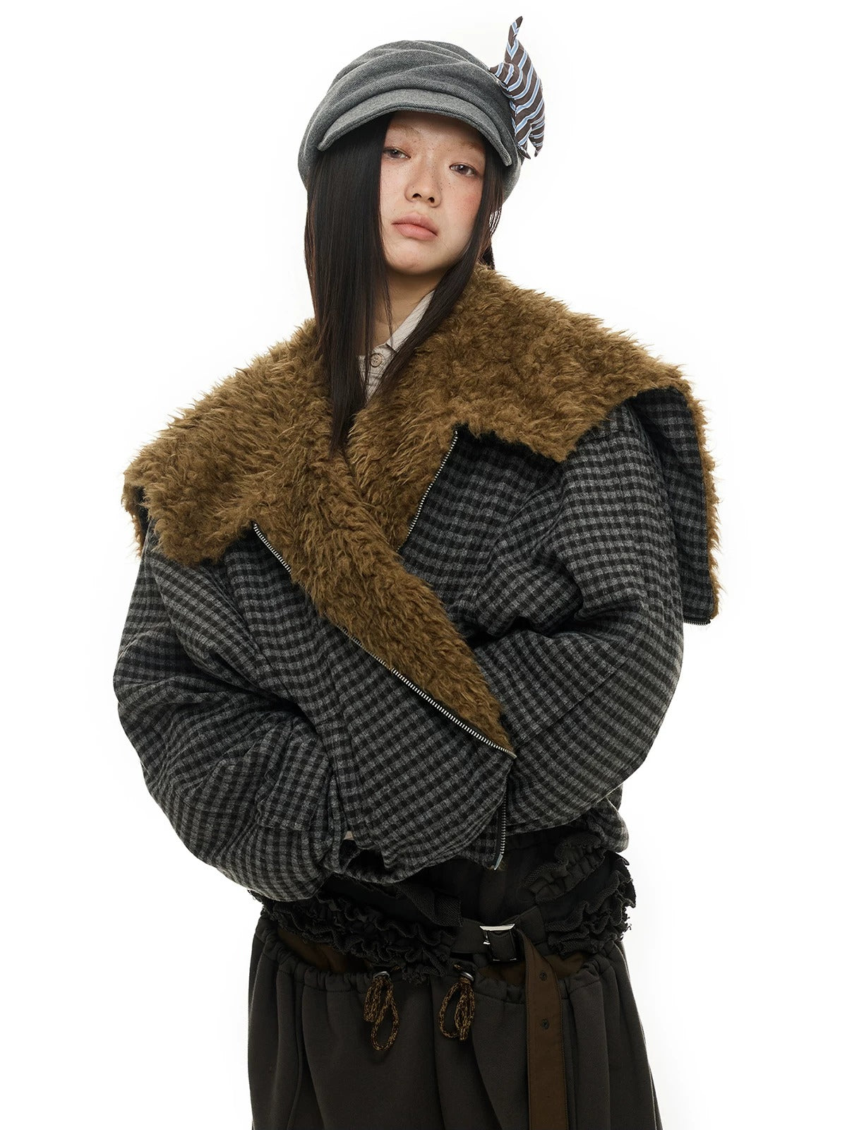 Plaid Wool Hooded Puffer Jacket