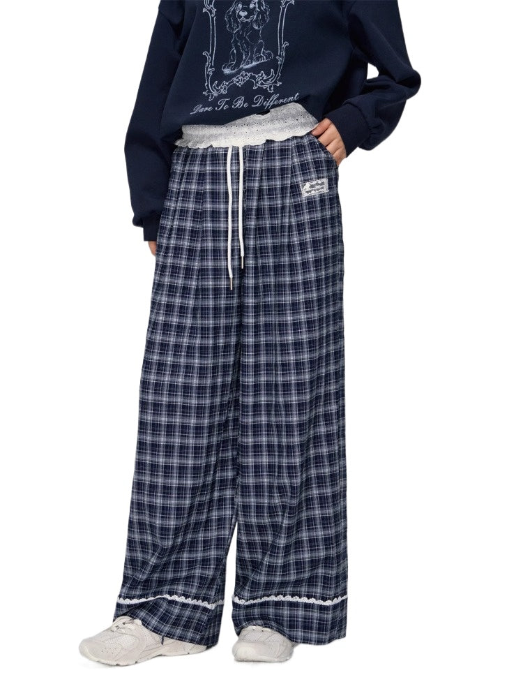 Navy Lace-Trim Plaid Pants