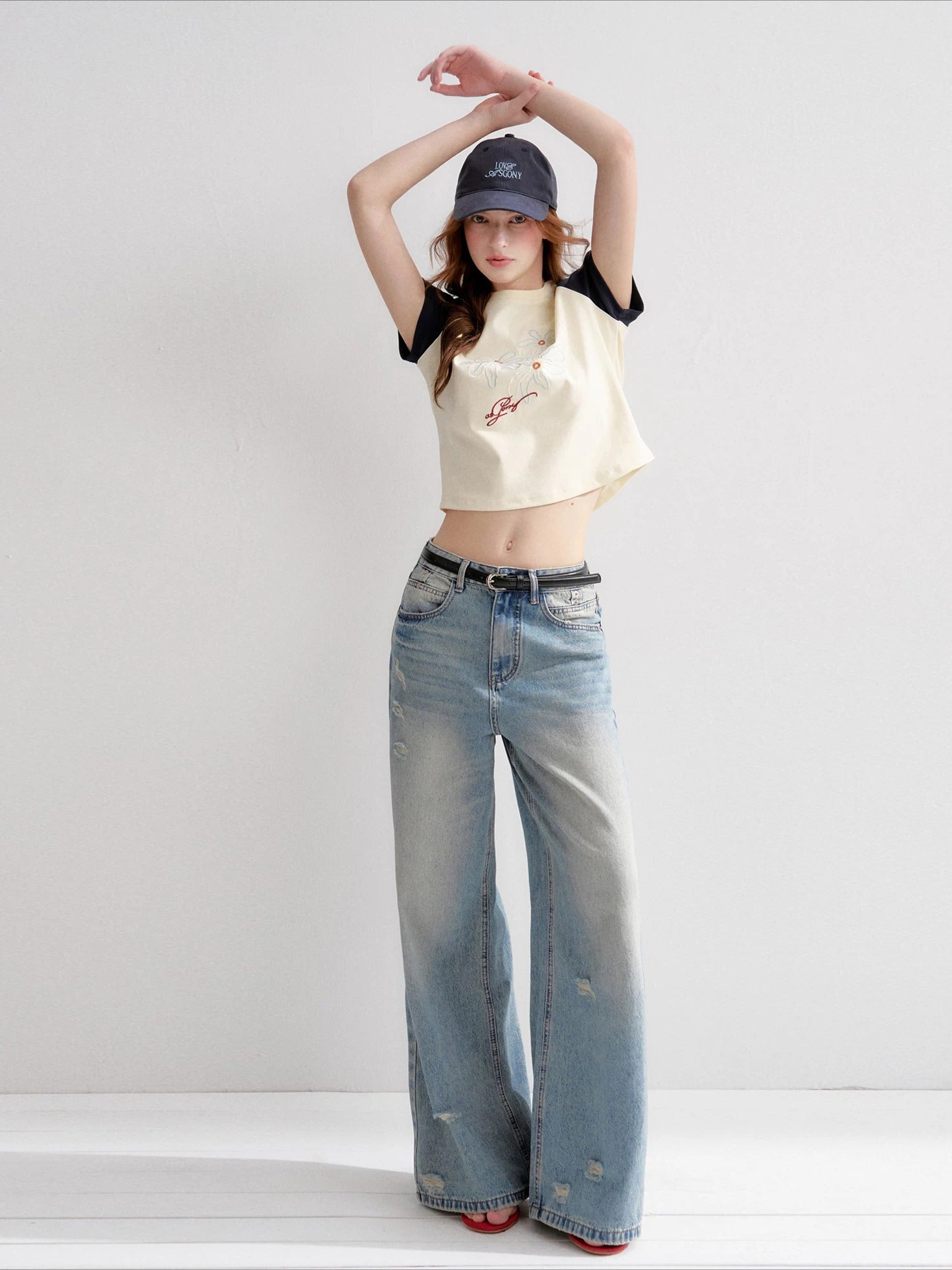 Washed Distressed Wide-Leg Jeans