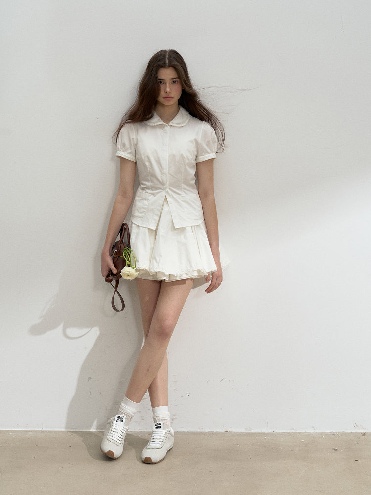 Cotton Lace Embroidered Collar Shirt & Skirt Set