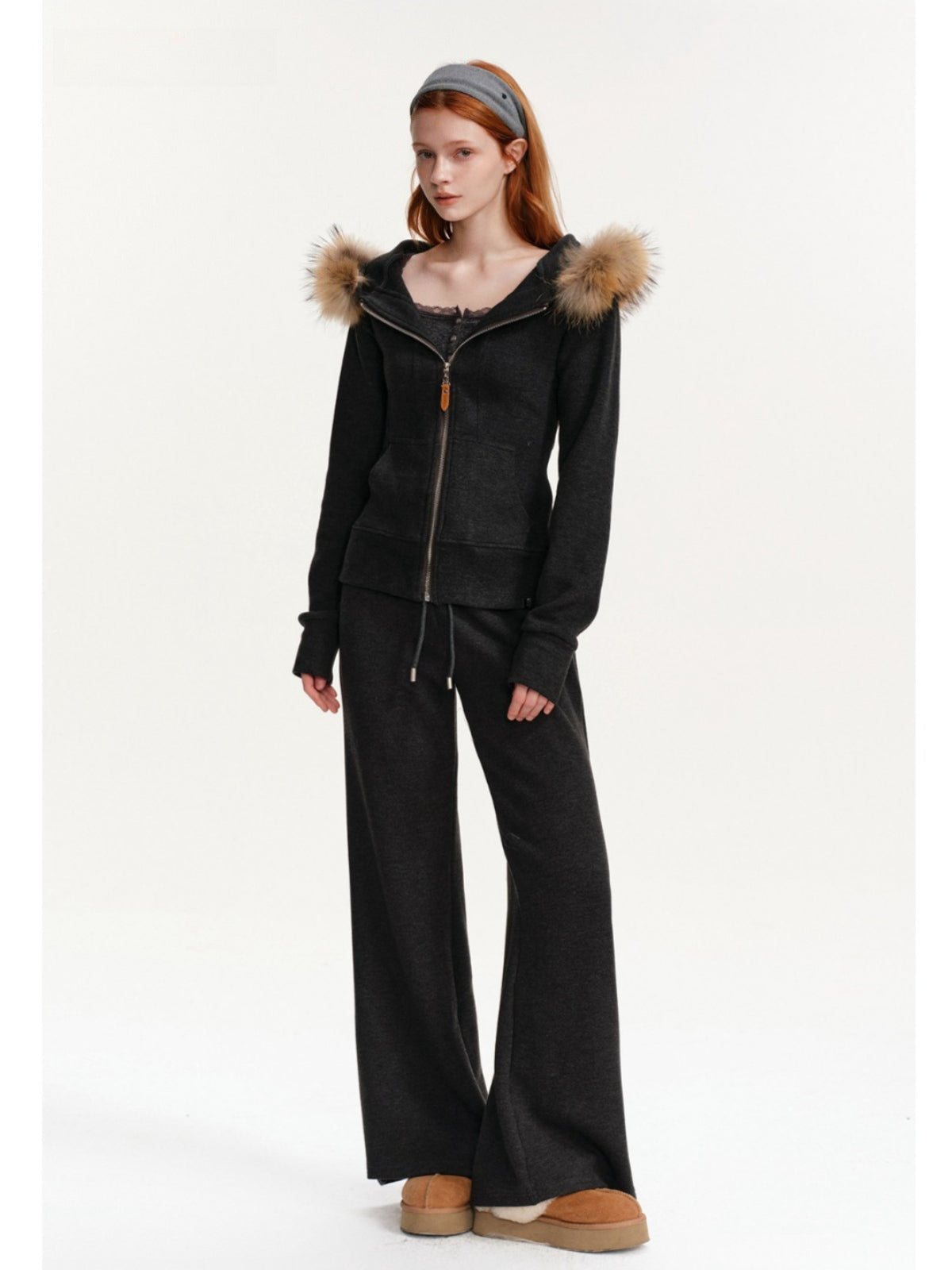 Detachable Fur Collar Tracksuit Set