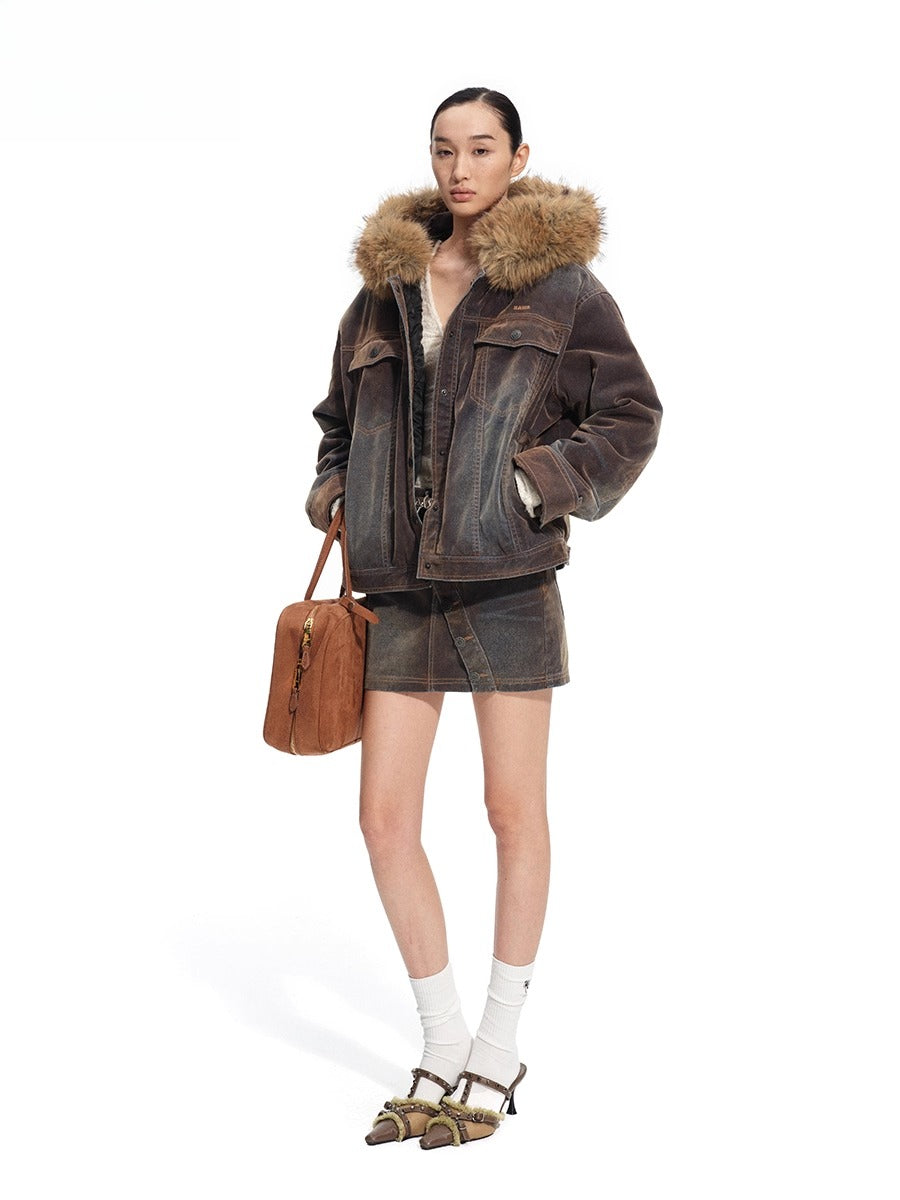 Ross Oversized Washed Eco Fox Fur Collar Denim Jacket