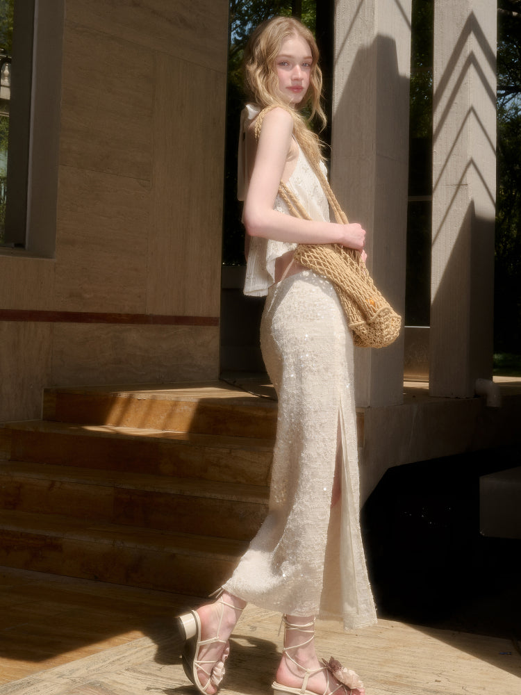 Embroidered Sequin Knit Top & Skirt Set