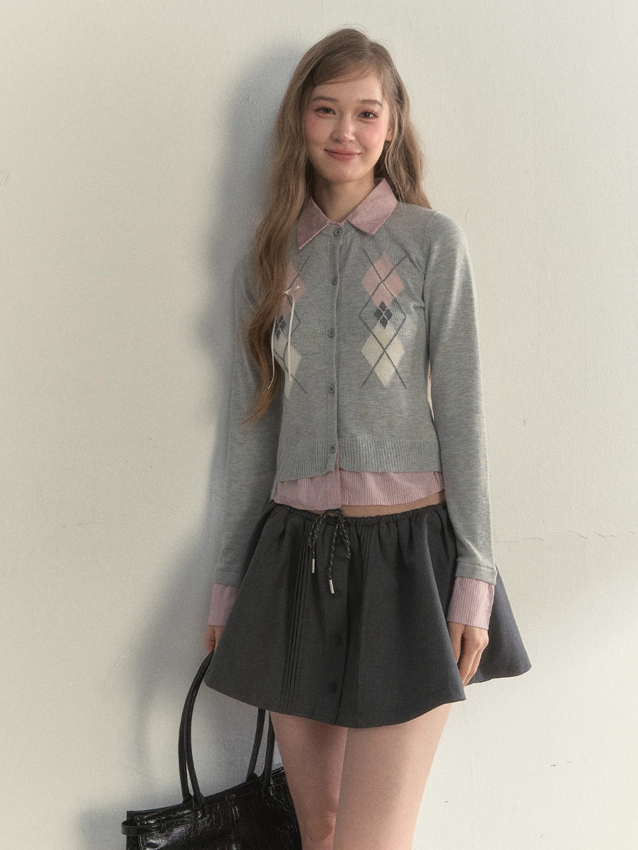 Faux Two-Piece Patchwork Shirt Collar Sweater
