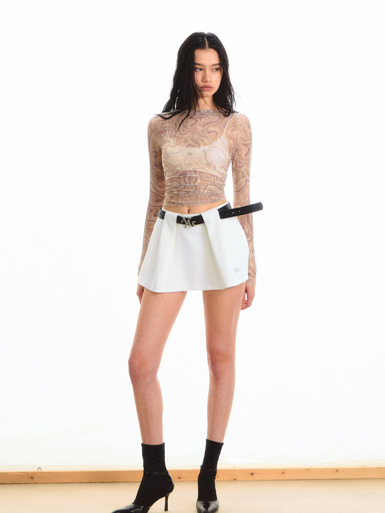 Printed Pleated Long Sleeve T-shirt