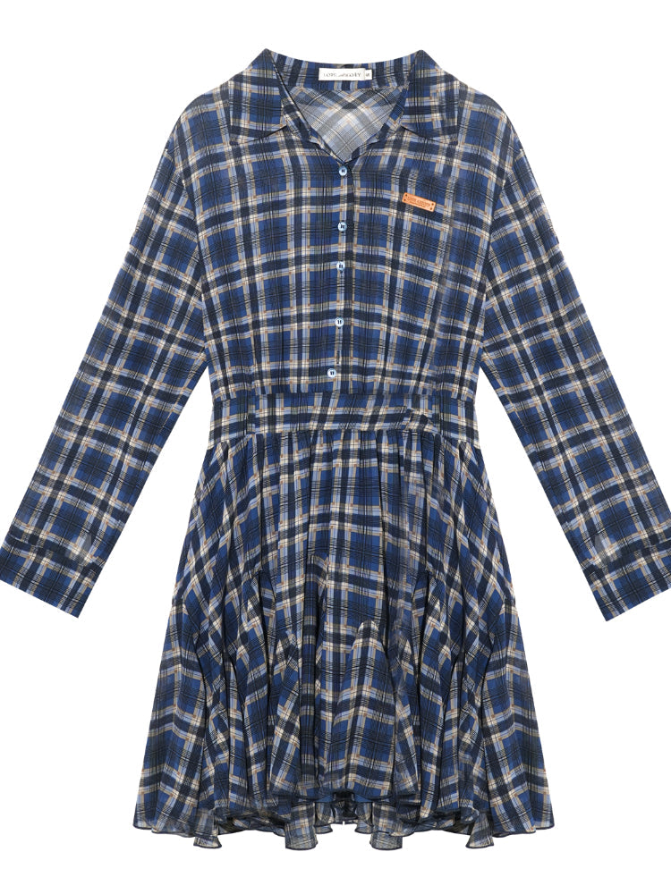 Collared Checked Waist-fitted Long-sleeve Shirt Dress