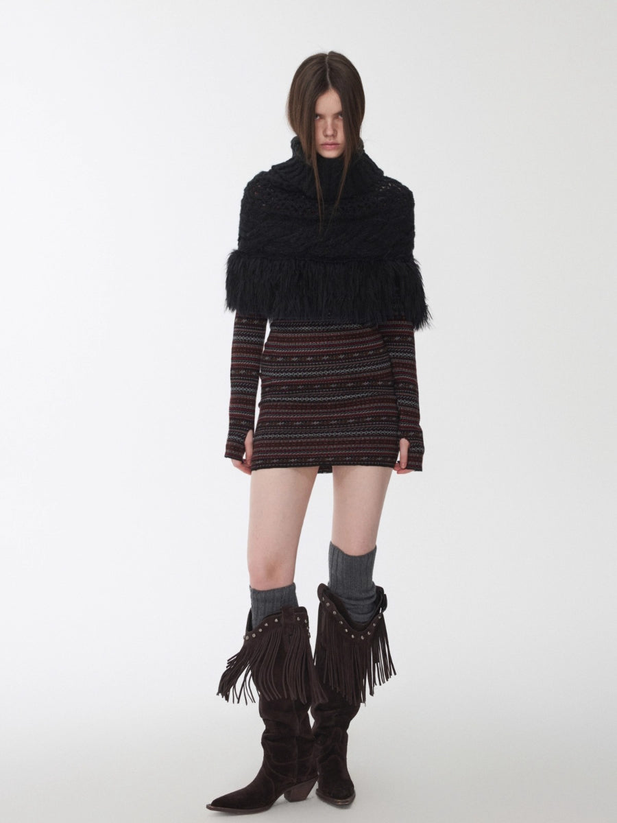 Cable Knit Fringed High-Neck Wool Blend Poncho