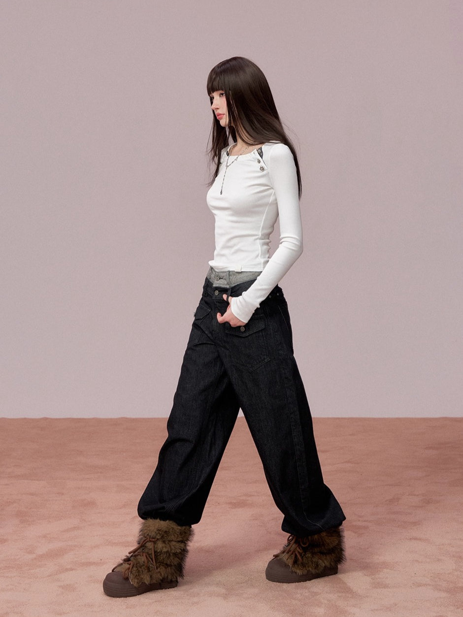 Rose Button Detail Fitted Long Sleeve Top