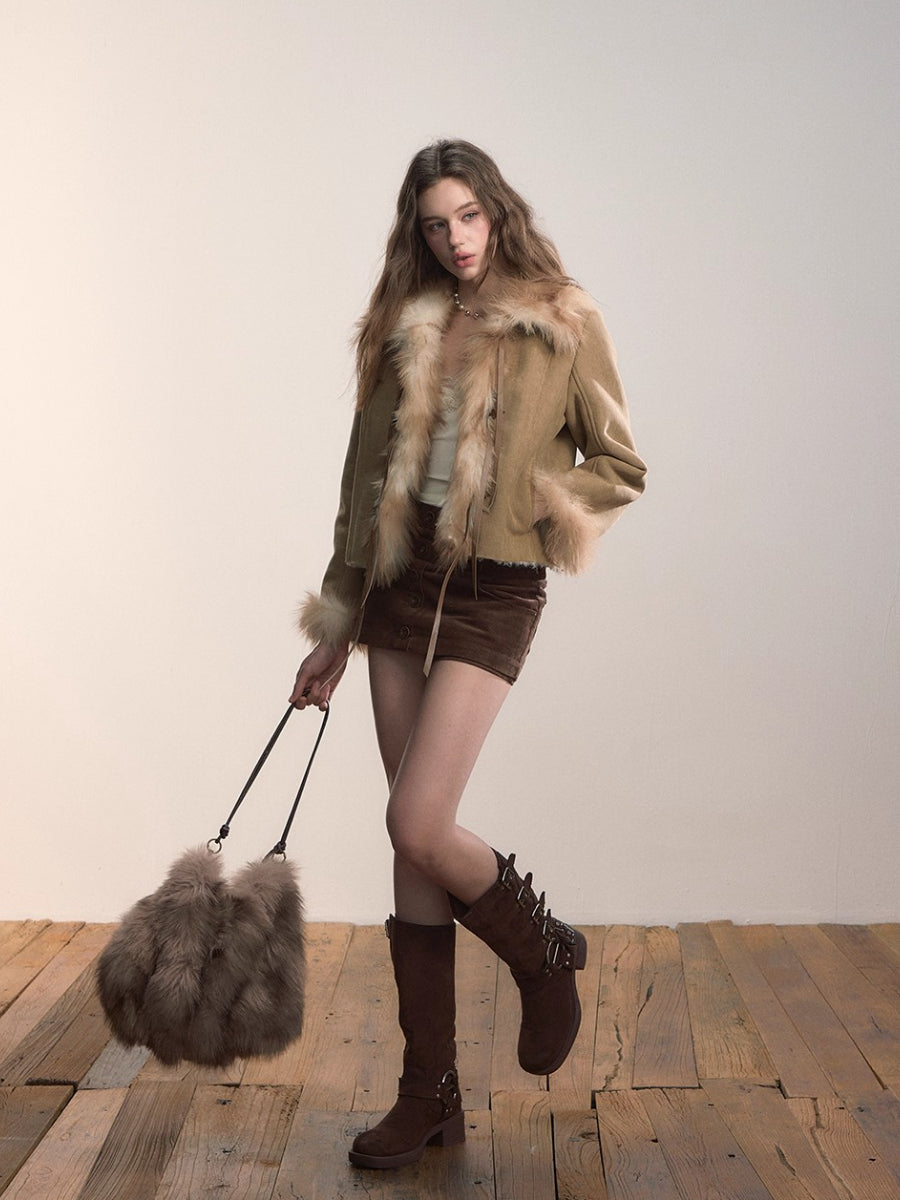 Bow Knot Tie Faux Leather Fur Combo Jacket