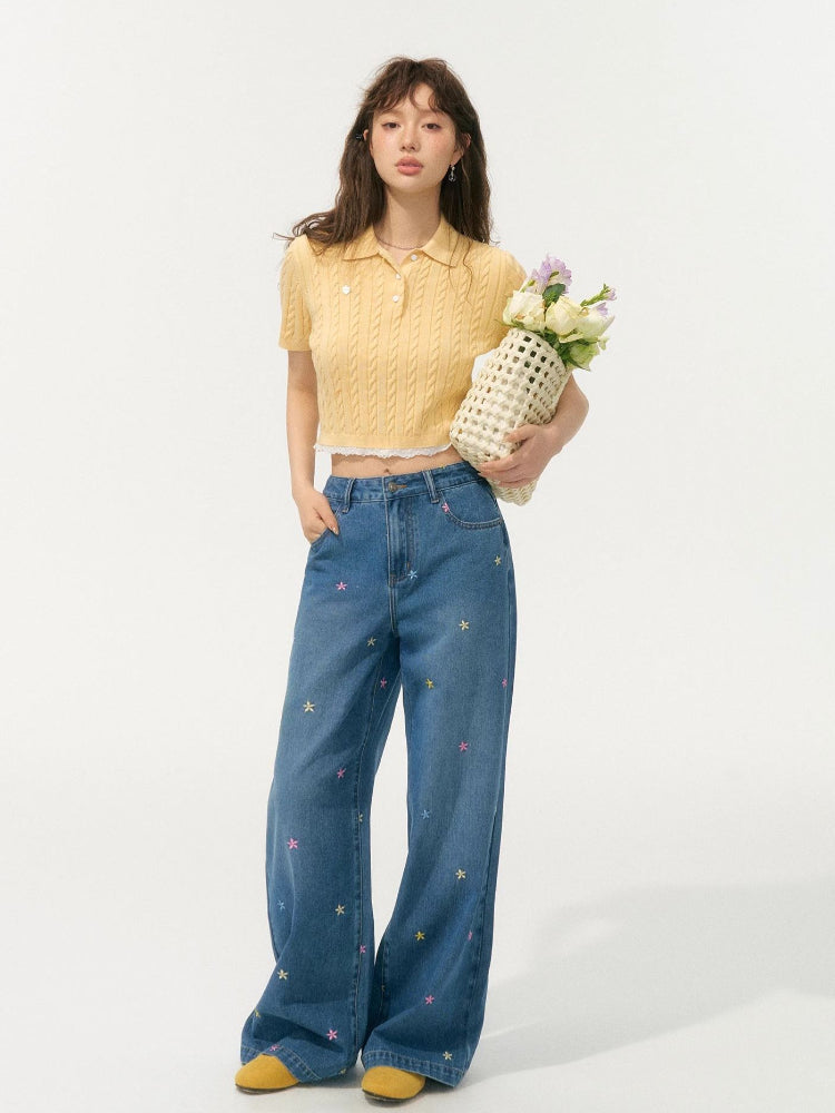 Embroidered High-Waisted Wide-Leg Pants