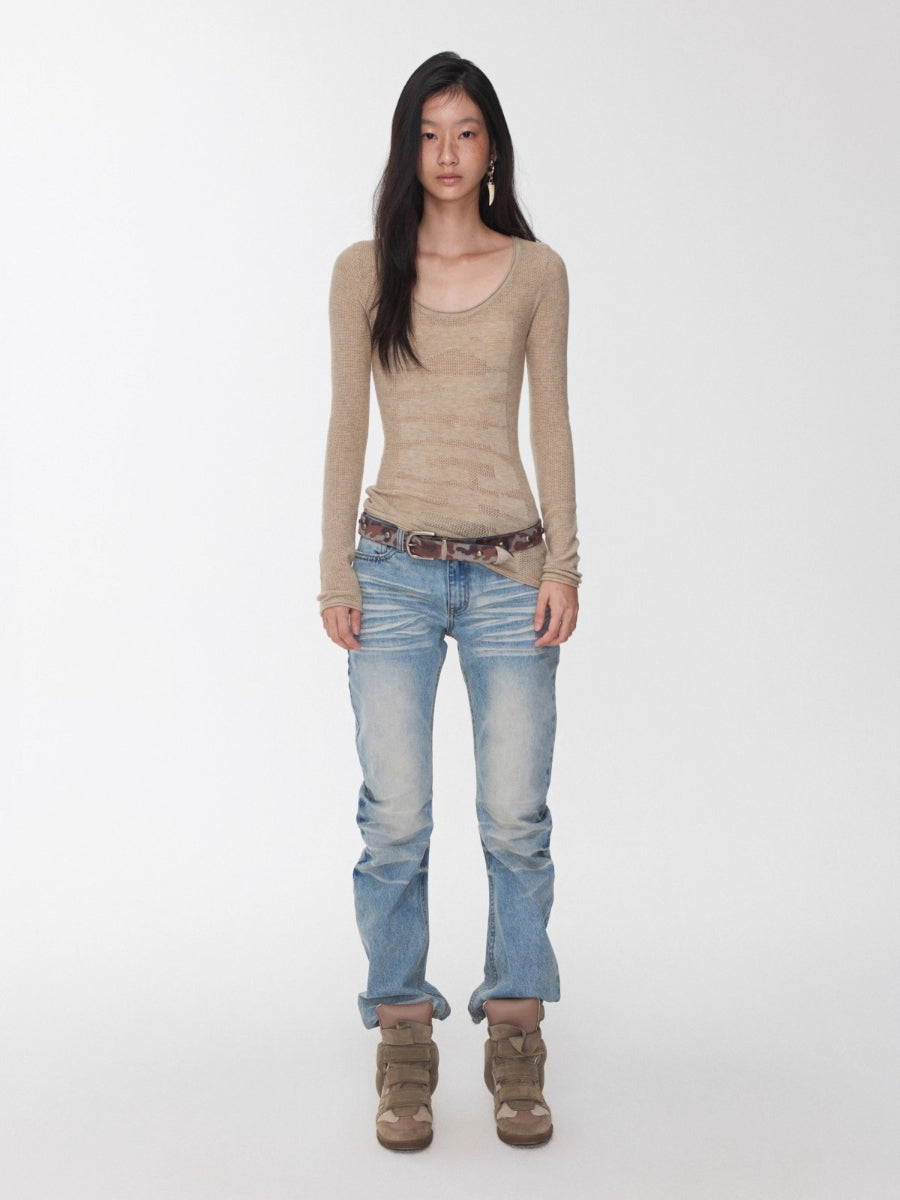 Crewneck Textured Open-Knit Wool Sweater