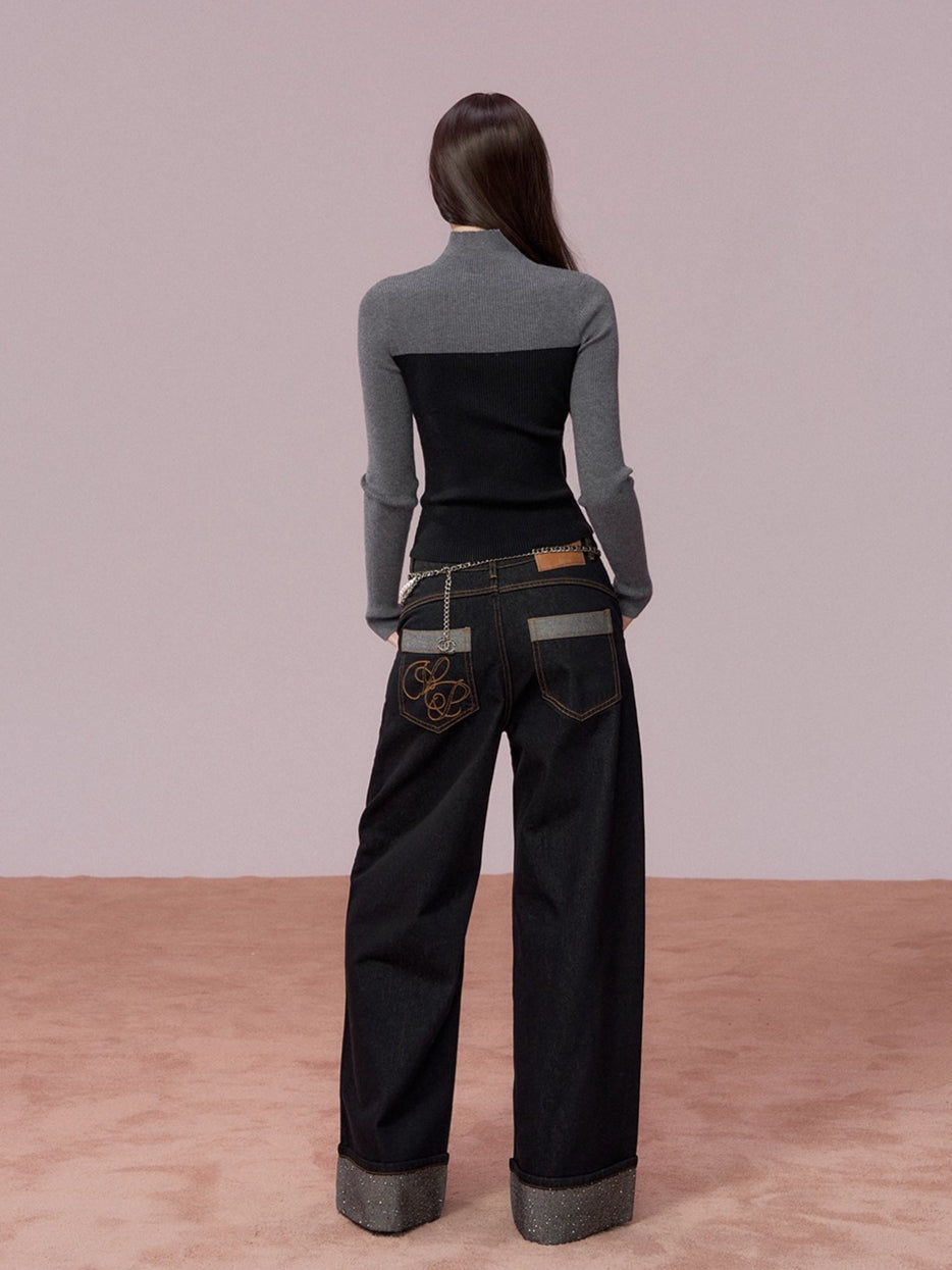 Color-Block High Neck Knit Top & Fringe Cape Set