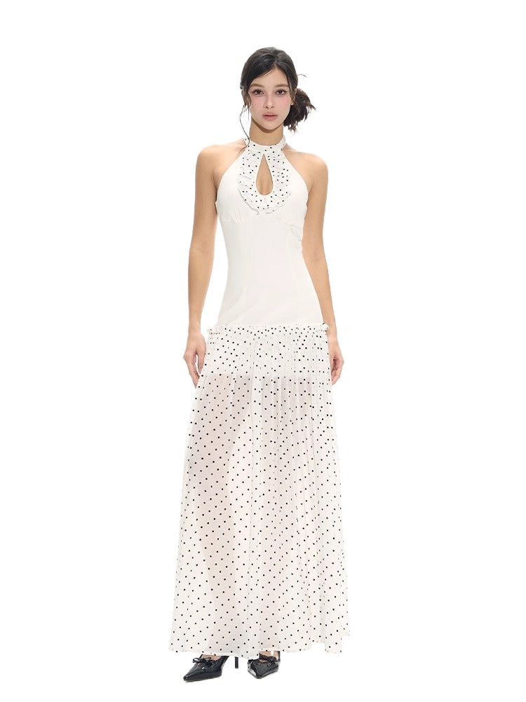 Polka Dot Print Cutout Halter Dress