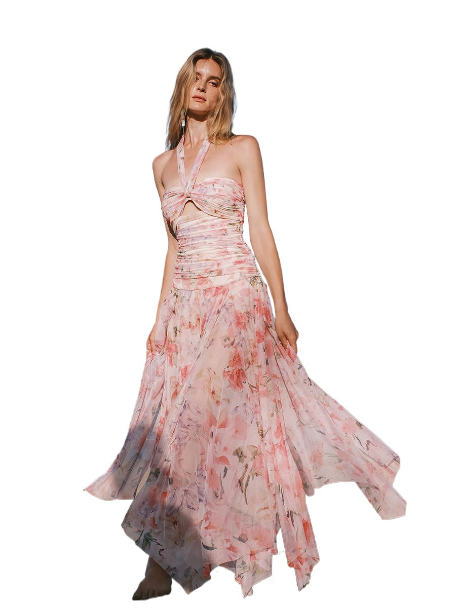 Floral-print Floral Ribbon Neckline Hollow-out Dress