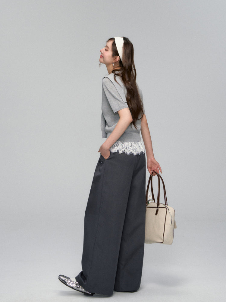 Waistband Lace-spliced Faux Two-piece Long Pants