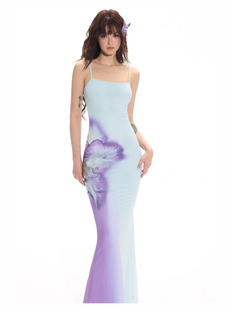 Blue 3D Gradient Floral Dress & Vest Set